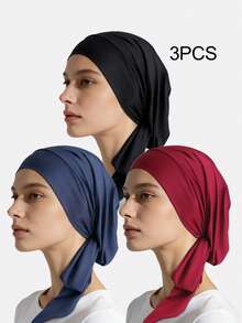 3pcs Women's Elastic Chiffon Headscarf Hats, Muslim Underscarf, Hair Care Hats For Daily Use - Multicolor - View 1