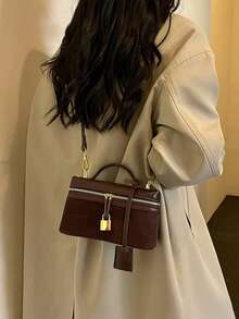 Women's Square Handbag, Phone & Lipstick Pouch, Fashionable Vintage Elegant Autumn/Winter PU Patchwork Coffee Color, Crossbody Shoulder Bag - Coffee - View 6