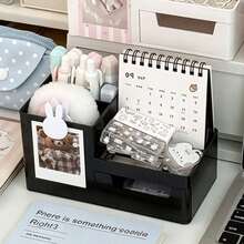[Back To School]Cute Desktop Organizer With Drawer And Photo Frame, Multi-Functional Stationery, Cosmetics And Small Items Storage Box, Macaron Color Office/Dorm Desk Organizer - Compartment Pen Holder - View 14