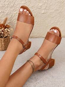 1 Pair Women's Brown Open Toe Ankle Strap Buckle Block Chunky Heel Summer Sandals, Two Strap Comfortable Dressy Heeled Shoes For Wedding Party Prom And Daily Wear - Brown - View 1