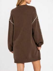 Women's Plus Size Brown Long Ribbed Knit Pullover Sweater, White Stitching Detail, Round Neck Long Drop Shoulder Sleeve Winter Knitwear - Coffee Brown - View 3