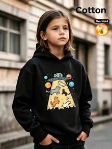 2026 Autumn/Winter Girls' Custom Loose Black Hooded Sweatshirt, Cat, UFO, And Planet Cartoon Fun Style - Black - View 1