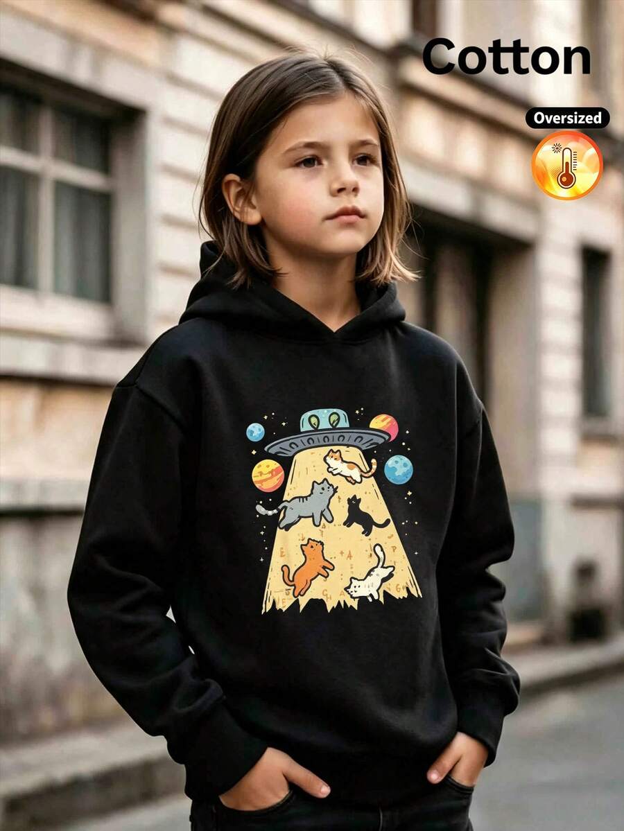2026 Autumn/Winter Girls' Custom Loose Black Hooded Sweatshirt, Cat, UFO, And Planet Cartoon Fun Style - Black - View 1