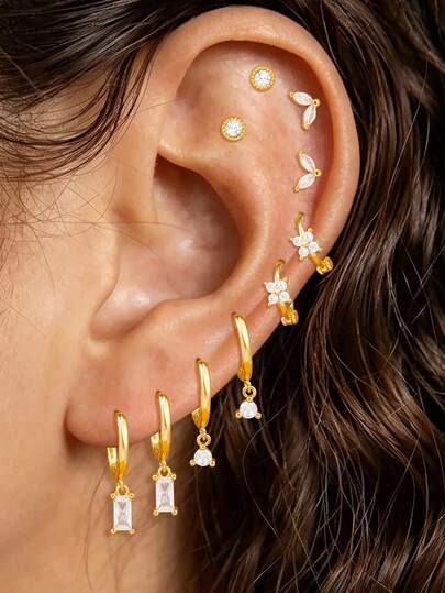 5pcs / 10PCS Fashion Zirconia Flower Rectangular Pendant Hoop Earrings Set 18K Gold Plated Stainless Steel Little Stud Earring Piercing Jewelry
