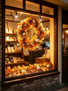1pc Autumn Maple Leaf & Pumpkin Artificial Vine Wreath, Orange-Yellow Maple Leaves With Pumpkins, Realistic Deep Autumn Texture, Suitable For Thanksgiving, Halloween And Autumn Party Occasions - Multicolor - View 4