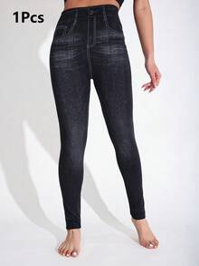 1件女款秋冬休閒修身打底褲，仿牛仔效果，極簡時尚九分褲，舒適居家穿著，內搭層，適合購物、散步、戶外、度假 - 彩色 - 查看 22