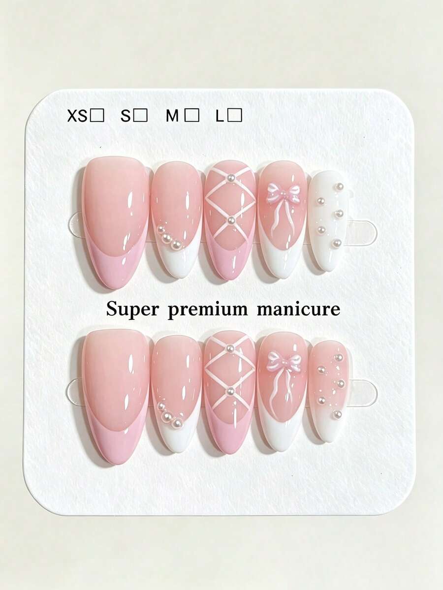 10pcs Pure Handmade Almond Multicolor Press On Nails, Sweet Cute Ballet Girly Style, Pink French Tip, Pearl Lattice & 3d Bow Patterns For Women And Girl,Spring Summer Fall Winter Festivals Party And Daily Life Use - Pink - View 1