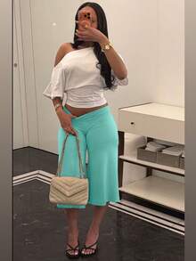 High Waist Wide Leg Cropped Pants, Women's Low Waist Elastic Loose Wide Leg Sports Pants, Elegant Solid Color Slim Fit Wide Leg Pants, Suitable For Commuting And Sports - Mint Blue - View 2