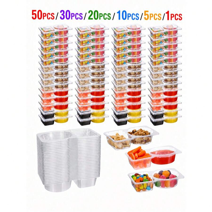 50PCS/30PCS/20PCS/10PCS/5PCS/1PC Reusable Dual-Compartment Sauce Cups/Meal Prep Containers/Food Storage Boxes With Lids, 5oz Sauce Cups, Meal Prep Snack Boxes, Portion Control, Food Storage, Transparent Dual-Compartment Snack Storage Boxes