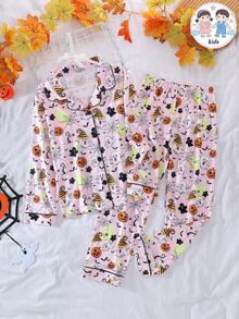 2pcs/Set Girls Casual Ghost Pumpkin Print Lapel Long Sleeve Cardigan And Pants Pajama Set Flame Retardant Halloween All Seasons - Dusty Pink - View 1