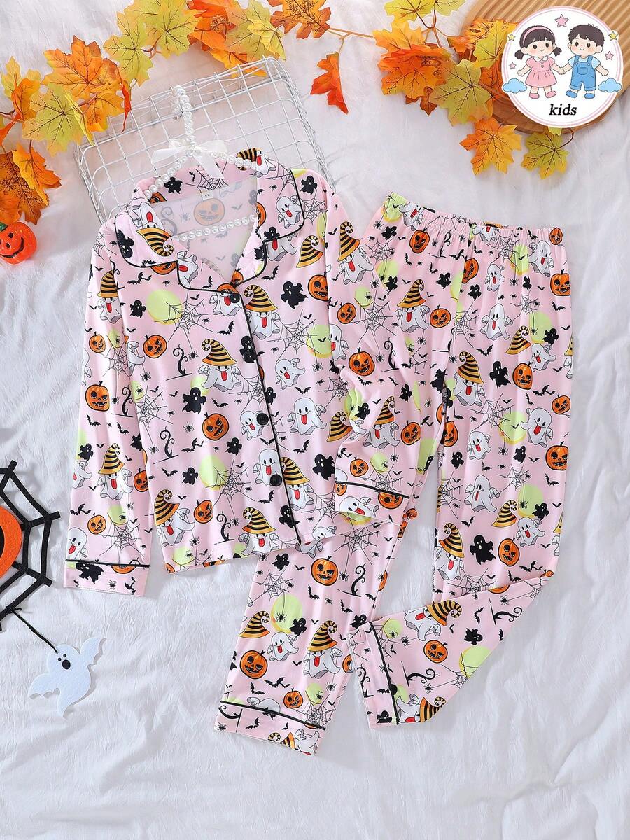 2pcs/Set Girls Casual Ghost Pumpkin Print Lapel Long Sleeve Cardigan And Pants Pajama Set Flame Retardant Halloween All Seasons - Dusty Pink - View 1