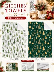 2pcs Christmas Green & Gold Christmas Tree Pattern Kitchen Towels, Soft Polyester Dish Cloths, Suitable For Kitchen Decor, Kitchen Cleaning, Holiday Party Decoration, Kitchen & Bathroom Supplies Home Essentials, Home Decor, Housewarming Gift - Multicolor - View 4