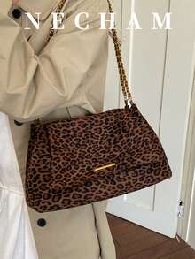 1pc Vintage Leopard Print Suede Chain Tote Bag For Women, Maillard Style Large Capacity Commuter Shoulder Crossbody Bag - Brown - View 2