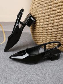 XBYASDF Women's Black Glossy Pointed Toe Chunky Heel Pumps, Cross Strap Buckle Slingback 3cm High Heels, Elegant Commute Office Sandals - Black - View 3