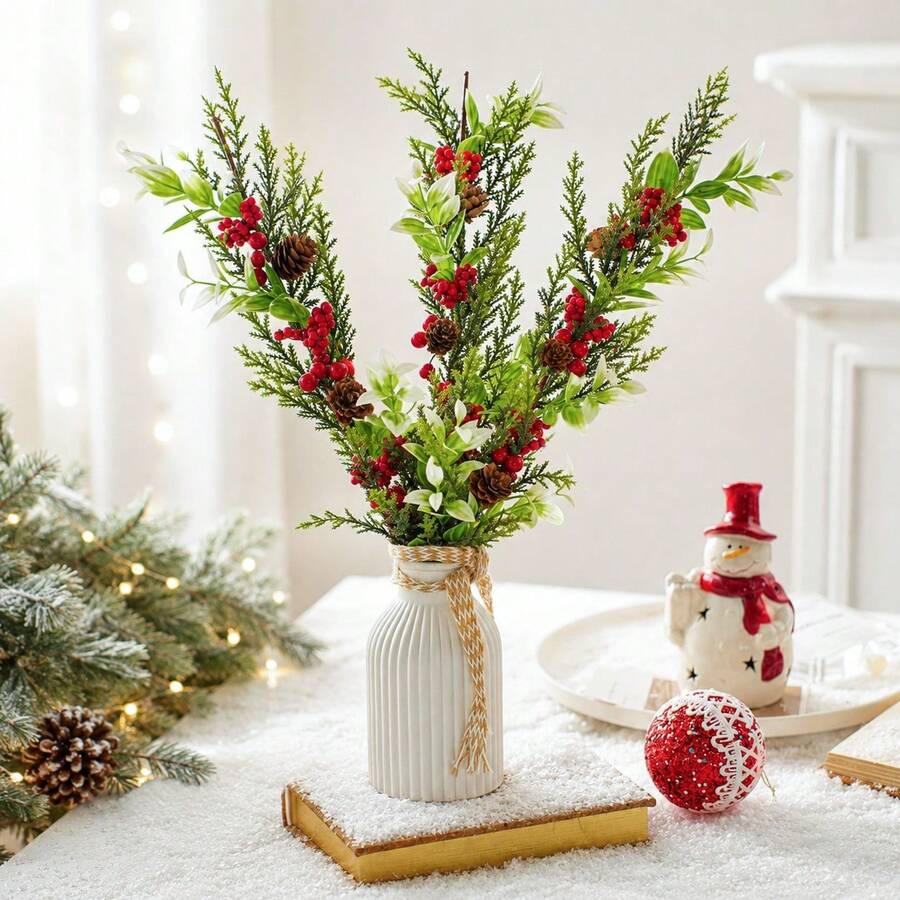 Hiasan Natal Buah Pinus Merah, Tangkai Bunga Pinus Buatan untuk Vas, Pohon Natal, Karangan Bunga, dan Dekorasi Rumah. - MultiWarna - View 1