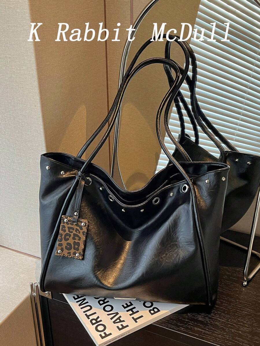 New Fashionable Large-Capacity Women's PU Tote Bag With Stud Accents-Casual, Versatile, Shoulder Commuter Bag And Handbag