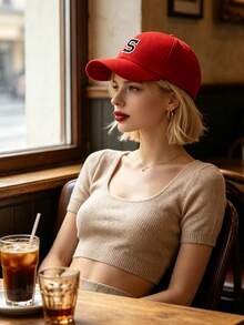 1pc Unisex A-Z Letter Adjustable Baseball Cap, Unisex Casual Soft Top Hat, Outdoor Sports Sun Hat - Red - View 5