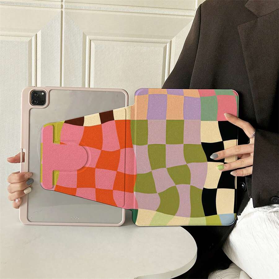 1pc Colorful Asymmetrical Checkerboard 360° Rotatable Tablet Protective Case, Multi-Angle Viewing Book-Style Stand, Compatible With IPad A16 2025, Galaxy Tab S9 FE/S8 Plus/S7/S10, Pad, MatePad, Pad, Honor Pad, Xiaoxin Pad