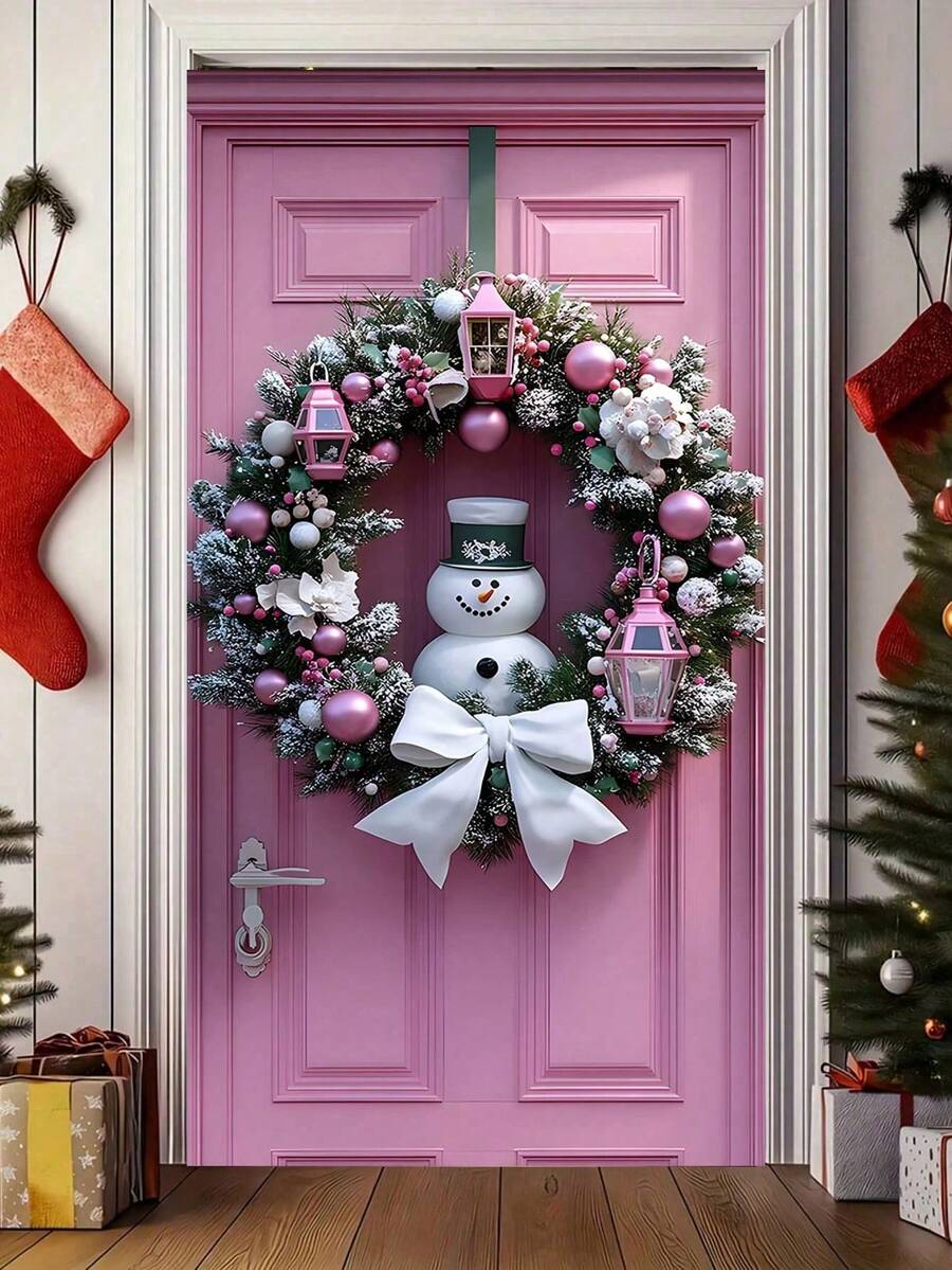 1pc Pink Snowman Garland, 35.4x70.8 Inch Polyester Christmas Banner With Winter Bows, Modern Style, Indoor/Outdoor Holiday Decoration, No Power Required - Multi-style 2 - View 1