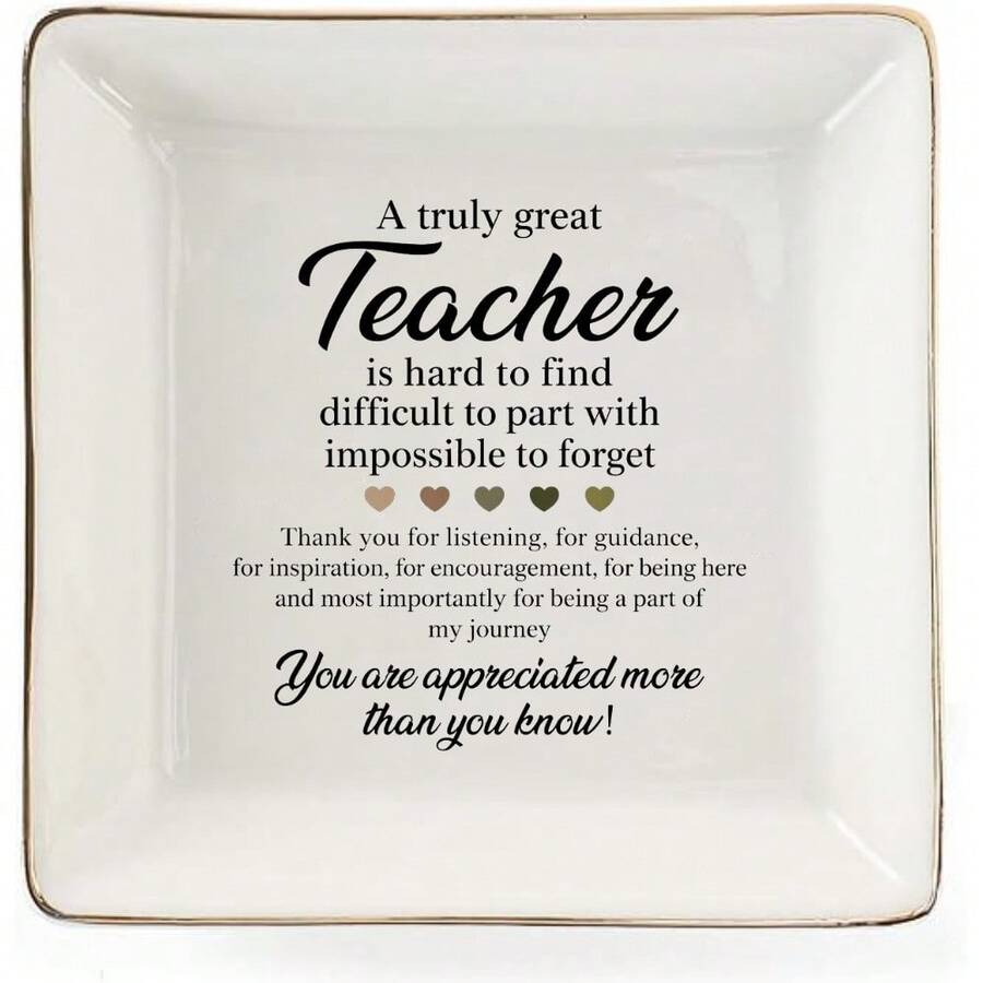 1pc Teacher Appreciation Quote Ceramic Jewelry Dish, Square Trinket Tray With Inspirational Thank You Message And Heart Accents, Gift For Teachers, Classroom Or Desk Decor - Multicolor - View 1