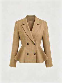 French Style Khaki Cinched Waist Ruffle Hem Blazer For Women, Notch Lapel Double-Breasted Design, Fishtail Ruffle Hemline, Cuff Button Decor, Slim Fit Flattering Vintage Short Suit Jacket - Khaki - View 9