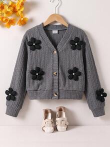 Girls' Simple Elegant V-Neck Cable Knit Button Cardigan With 3D Flower And Pearl Decor Long Sleeve Jacket, Spring Autumn Winter - Grey - View 4