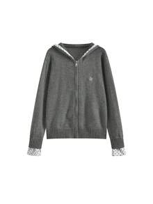Korean Style Polka Dot Colorblock Patchwork Design Hooded Sweatshirt, Loose Fit Zip-Up Knit Jacket For Women, Early Autumn - Grey - View 3