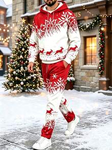 Men's Christmas Snowflake Print Comfortable Hoodie And Pants Set - متعدد الألوان - مشاهدة 3