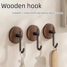 1/2/4pcs Self-Adhesive Walnut Wood Wall Hooks, Wall-Mounted Wooden Hooks, Coat And Hat Hooks, No-Drill Installation, Suitable For Clothing Storage And Decoration, Ideal For Living Room, Kitchen, Bathroom, Can Hang Towels, Clothes, Bathrobes, Suitable For Baby Room Door - Multicolor - View 7