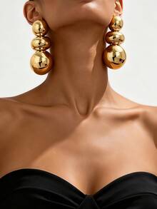 1 Pair European & American Luxury Exaggerated Style Three-Layer Gradient Gold-Plated Metal Ball Drop Earrings, Shiny Metal Large Bead Long Earrings For Women, Evening Party, Vacation, Daily Commute Outfit Accessory - Yellow Gold - View 2