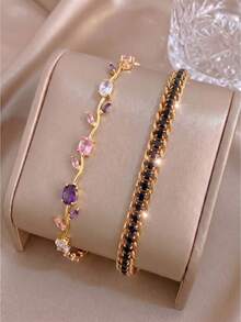 2pcsGlam Multicolor Rectangle Zirconia Gold‑Tone Bracelet, Sparkly Daily Accessory - Gold - View 11