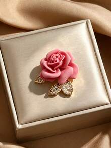 Vintage Rose Rhinestone Leaf Brooch, Elegant Enamel Flower Lapel Pin, Women's Clothing Accessory Gift - Rose - View 10