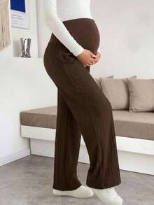 Elegant Black Ribbed Wide Leg Pants For Pregnant Women, Comfortable Medium Stretch Knit Long Pants With Button Detail Design, Suitable For Autumn Wear - Brown - View 4