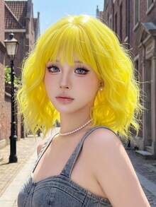 12 Inch Yellow Short Bob Curly Wigs For Women Soft Silky Heat-Resistant Synthetic Fiber Wigs For Daily Or School, Use, Perfect For Holidays Music Festivals Celebrations, Sakura Celebration,Graduation Gift & Gift For Friend' S Wig Accessory - Multicolor - View 3