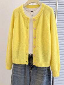 Women's Casual Solid Color Sweater, Autumn/Winter - Yellow - View 4