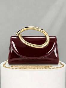Fashionable Metal Decor Mini Clutch, Elegant Glossy Metal Strip Accents, Luxurious Texture, Suitable For Evening Gowns, Weddings, Parties, Includes Metal Chain - Burgundy - View 3