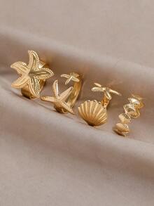 4pcs Fashion Popular Minimalist Ocean Style Starfish Shell Rings Set Women Jewelry - Yellow Gold - View 3