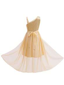 Tween Girls Asymmetrical Shoulder Ruffle Overlay Sequin Decorated Formal Dress - Gold - View 6