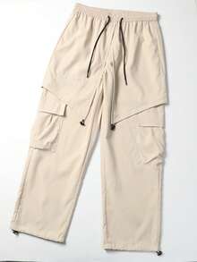 American Street Style Star Embroidery Men's 2 In 1 Drawstring Cargo Wide Leg Casual Pants - Apricot - View 4