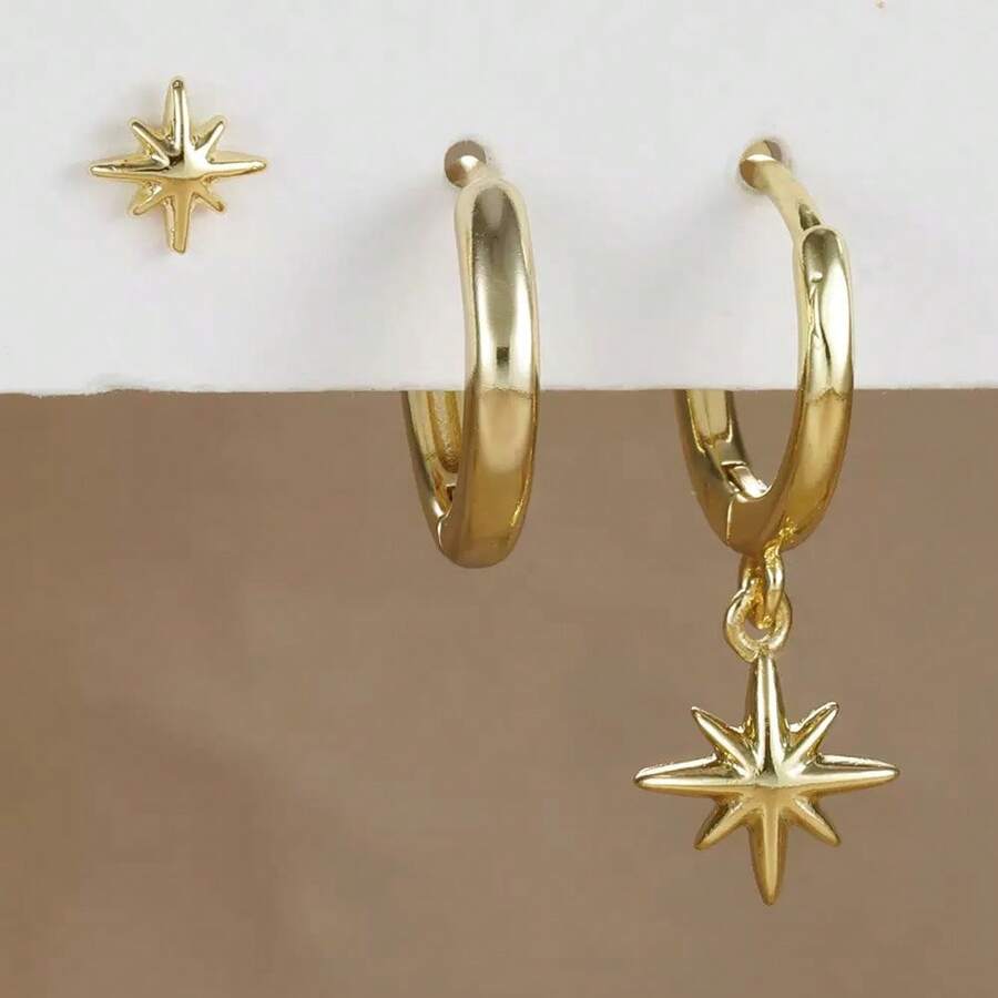 3pcs Gold Starburst Earring Set, Asymmetric Mixed Earrings, Includes Star Studs, Pendant Dangle Earrings, Women's Daily Jewelry - Gold - View 1