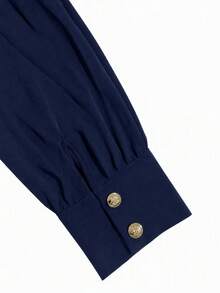Women's Solid Color Autumn Set, Lantern Sleeve Front Button Short Top & Elastic Waist Flare Pants, Elegant Commute 2-Piece Outfit Fall - Navy Blue - View 4