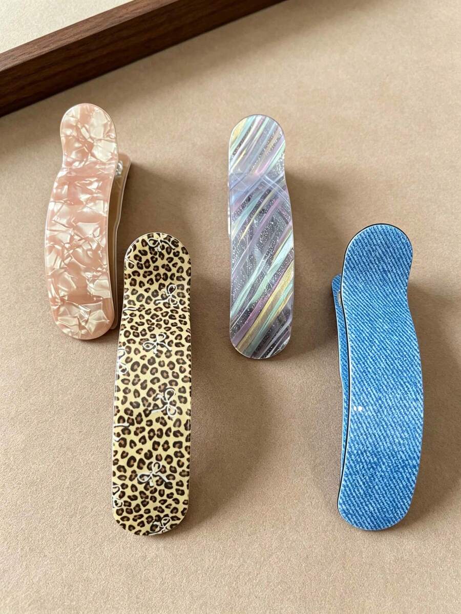 1pc Women's Vintage Multi-Pattern Acetate Alligator Hair Clip, Leopard Print Denim Shell Texture Side Clip, Elegant Back-Of-Head Hair Bun Clip, Versatile Hair Accessory For Dating - Multicolor - View 1