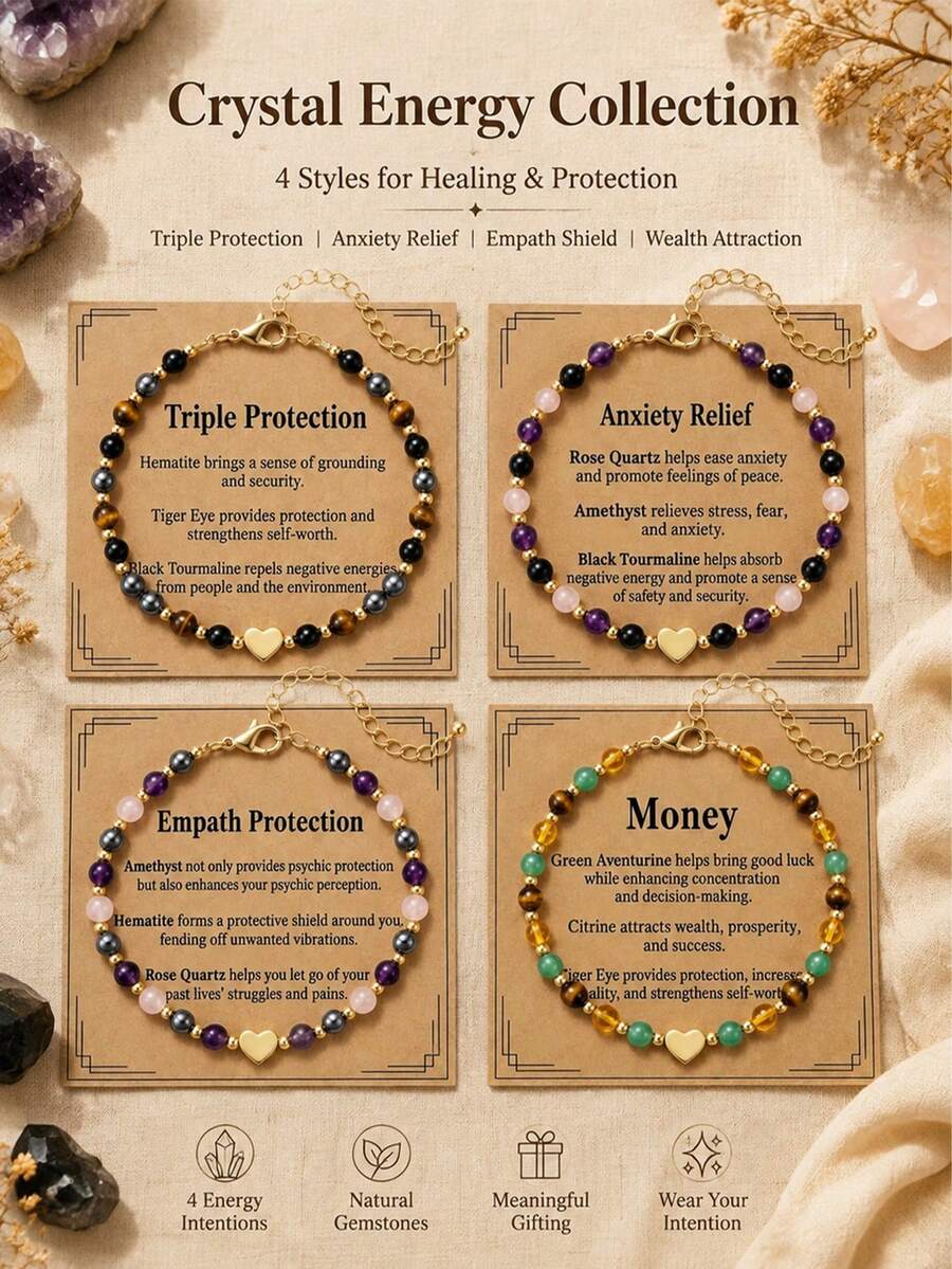1Pc Healing Crystal Bracelet For Women Bracelets Triple Protection Money New Beginnings Empath Protection Summer Energy Jewelry - Multicolor - View 1