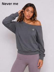 Never me Women's One-Shoulder Cold Shoulder Sports Sweatshirt, Loose Fit Long Sleeve Pullover, Casual Daily Workout Top For Autumn/Winter - Dark Grey - View 1