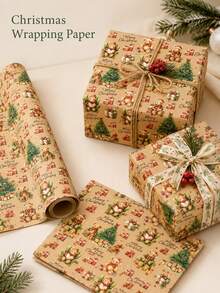 2 Sheets Vintage Christmas Gift Wrapping Paper, Teddy Bear Christmas Tree Pattern, Holiday Gift Wrapping Paper, Suitable For Christmas Party, Gift Box Packaging, Seasonal Decoration - Brown - View 7