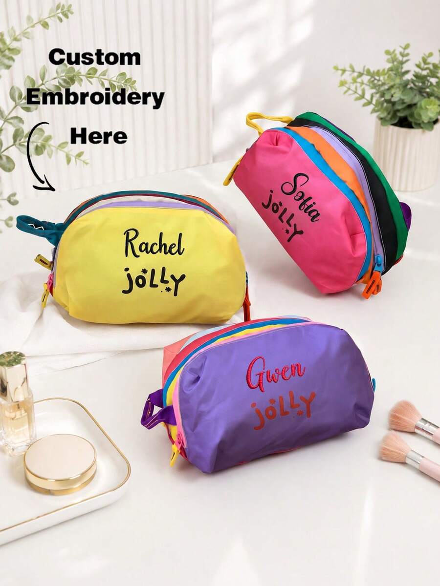 Tas Kosmetik Multilayer Blok Warna Bordir Kustom dengan Pegangan, Kantong Penyimpanan Perlengkapan Mandi Perjalanan Warna Kontras Portabel, Tas Organizer Makeup - MultiWarna - View 1