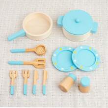 1 Set Baby Pretend Play Wooden Simulation Kitchen Toy Cookware, Pot, Plate And Fork Combination, Role Play Kitchen Set - Multicolor - View 7