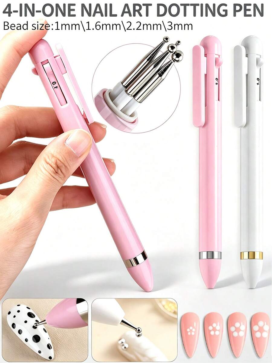 1pc 4‑In‑1 Retractable Nail Art Dotting Pen, Portable Nail Dotting Pen, 4 Sizes Metal Dot Tips Pick Up Rhinestones Pearls Nail Gems DIY Manicure Tool For Home Nail Salon Use - Multicolor - View 1