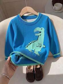 Sweater Pullover Rajut Motif Dinosaurus Colorblock Streetwear Anak Laki-Laki, Cocok Untuk Pakaian Kasual Sehari-hari di Musim Semi, Gugur, dan Dingin - Biru - View 3