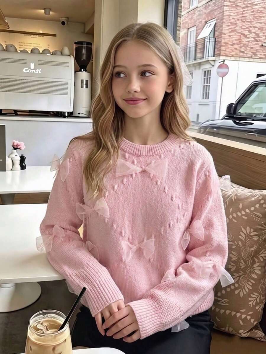 Girls Cute Pink Bow Round Neck Cable Knit Pullover Sweater Long Sleeve Suitable For Daily Wear, Vacation, Spring, Autumn, Winter - Pink - View 1